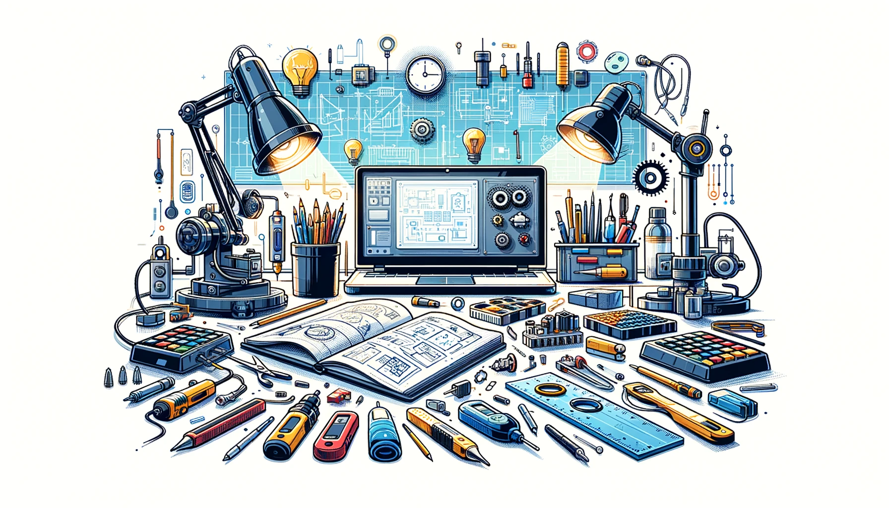 Illustration vectorielle colorée avec un fond blanc, montrant un atelier équipé pour un projet de conception mécanique, électronique et informatique